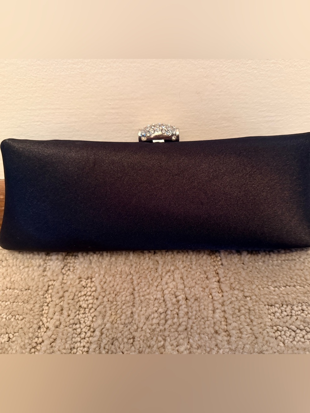 Small Black Satin Evening Clutch with Crystal Accent